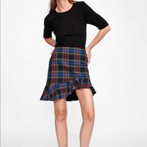 Zara Tartan Check Plaid Asymmetric Mini Skirt Size Small - Picture 1 of 7